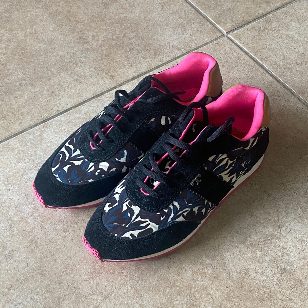 Tory Burch Black and Pink Floral Sneakers